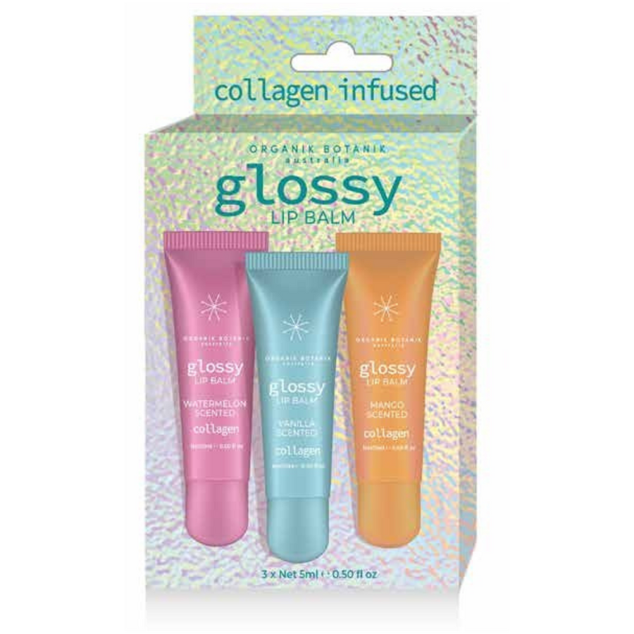The Glossy Lip Balm Trio by Cognescenti Pty Ltd | Cognescenti LLC features three tubes in pink (watermelon), blue (vanilla), and orange (mango) with iridescent packaging.