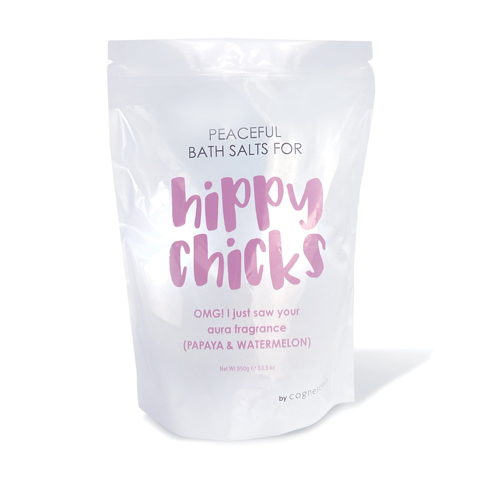 Bag of bath salts for 'hippy chicks' with pink text on a white background